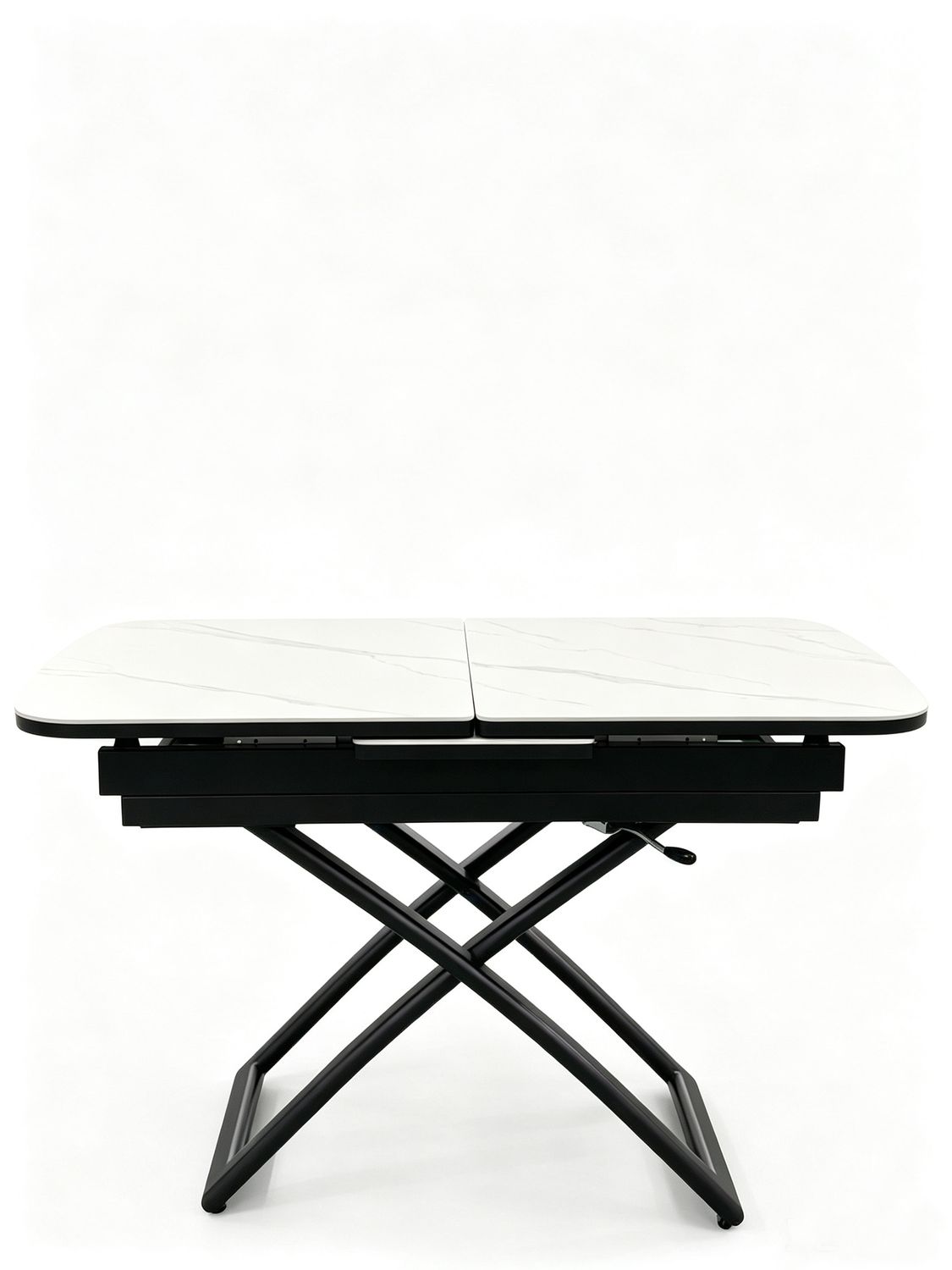 S table with a matte black extendable tabletop and black metal legs with wheels.