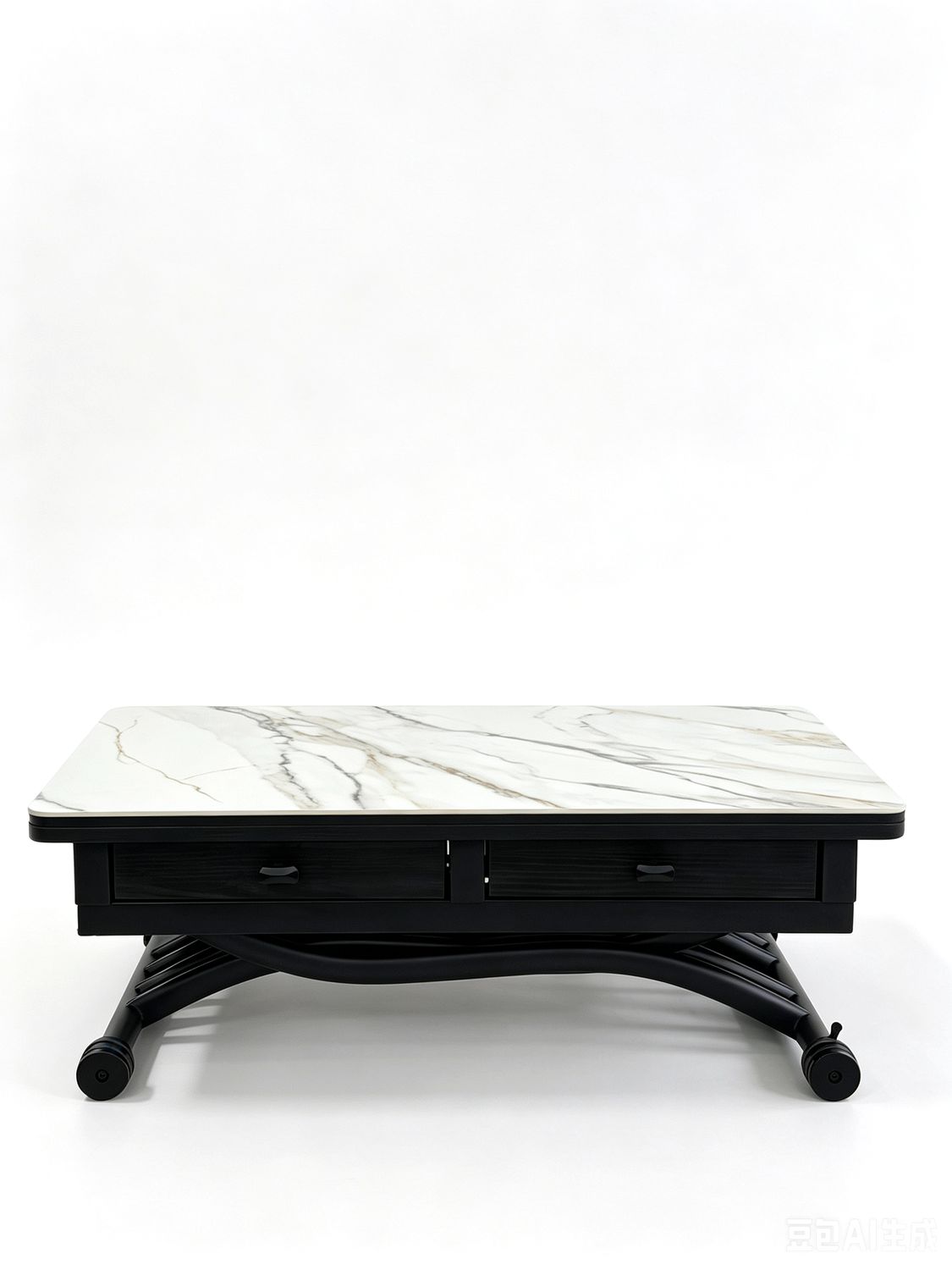 N height-adjustable folding table with a ceramic and MDF tabletop, four drawers and a black metal base with wheels.