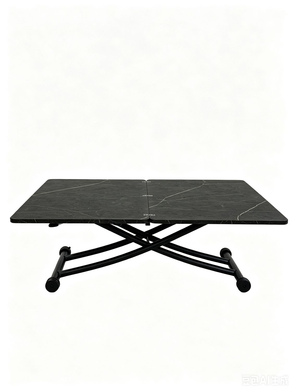 U table with an extendable MDF tabletop, melamine finish and black metal base with wheels.