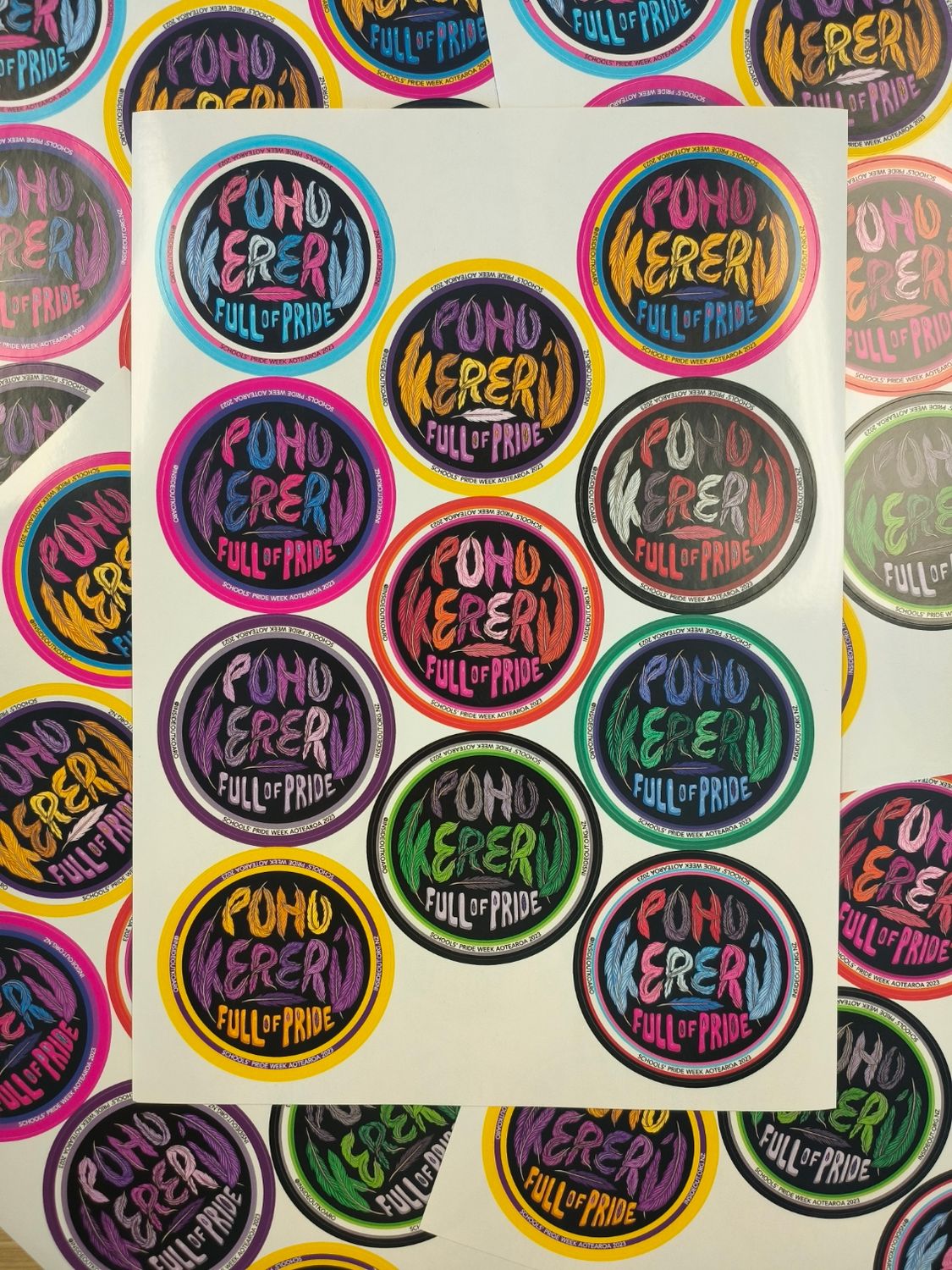 Assorted sticker design sheet with 11 stickers each of the Transgender, Bisexual, Asexual, Intersex, Non Binary, Lesbian, Aromantic, Pansexual, Takatāpui/Rainbow Māori, Gay, and Irawhiti colourways