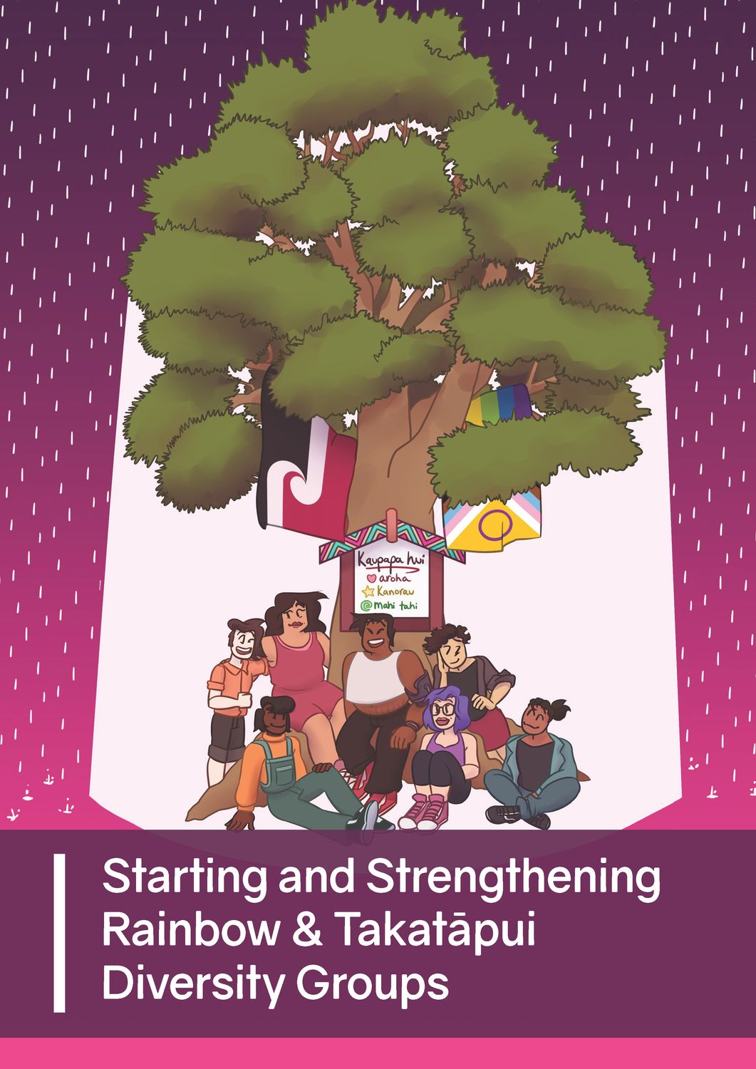 A cover page illustration for the &quot;Starting and Strengthening Rainbow and Takatāpui Diversity Groups, featuring a group of young people under a tree with the Tino Rangatiratanga and the progress pride flags.