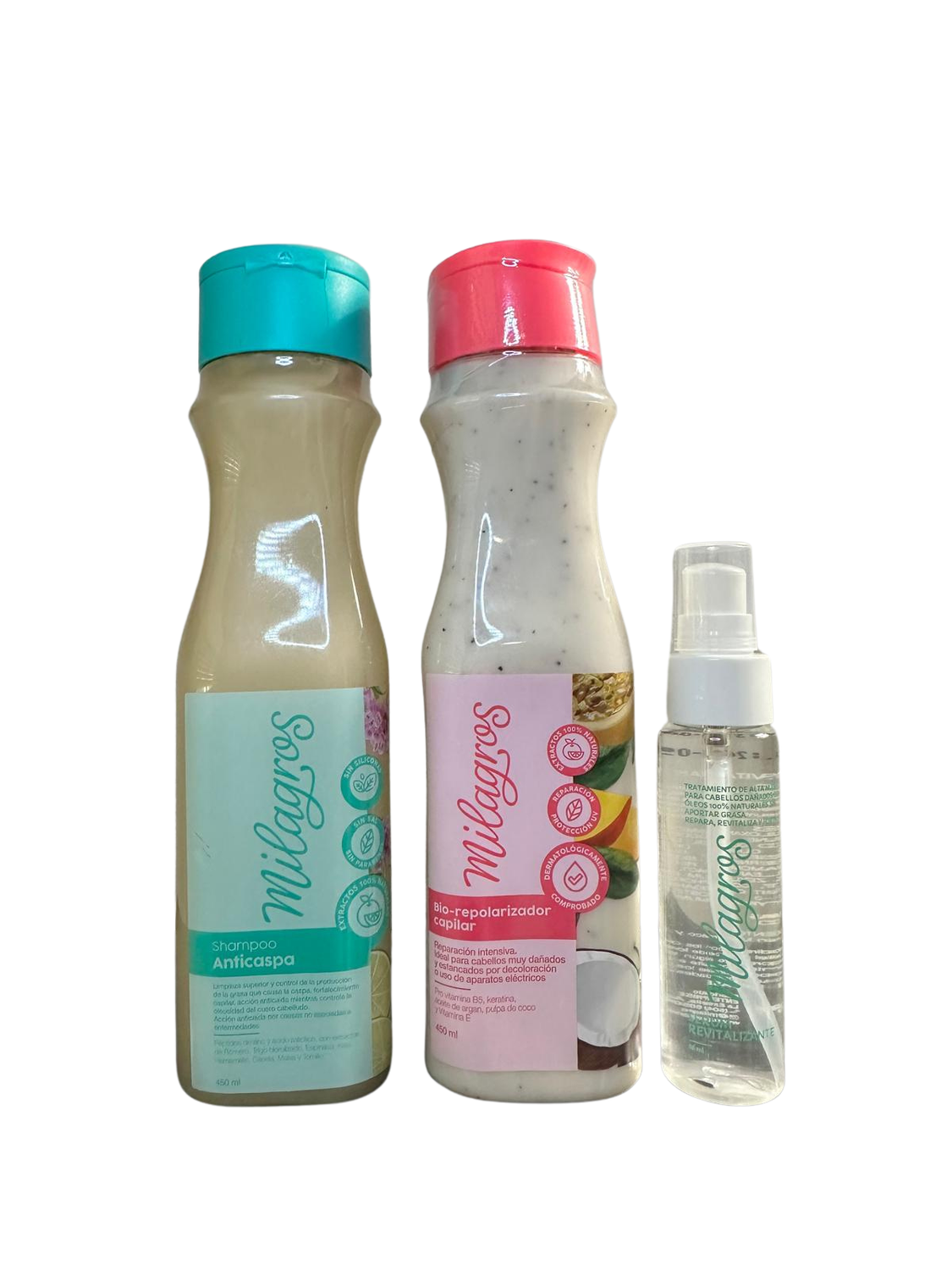 Shampoo Anticaspa , Bio-Repolarizador y Serum Revitalizante Milagros