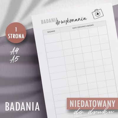 Planer do druku Badania do wykonania
