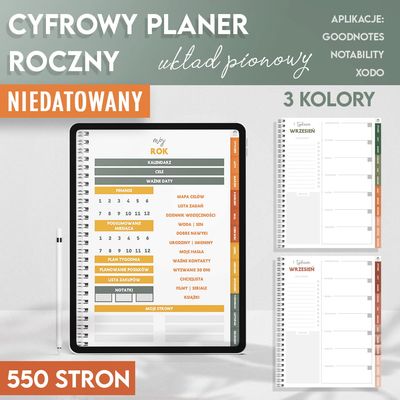 Cyfrowy niedatowany planer roczny PIONOWY