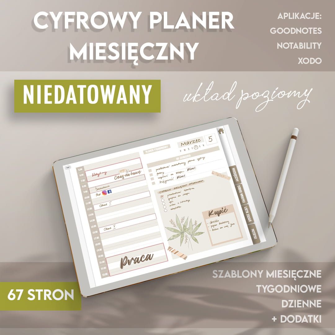 Cyfrowy niedatowany planer miesięczny POZIOMY