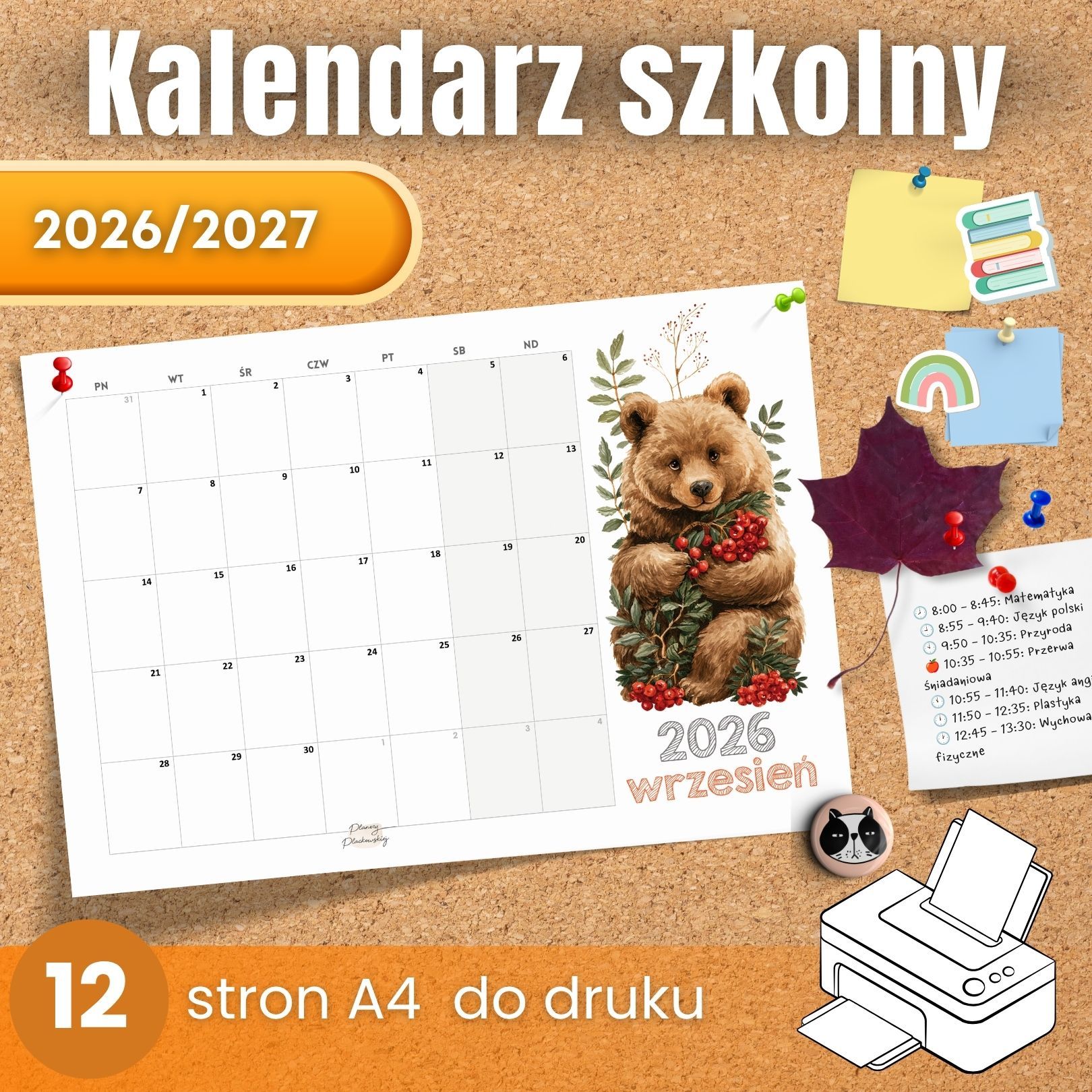 Zwierzakowy Kalendarz Szkolny 2026/2027 do druku