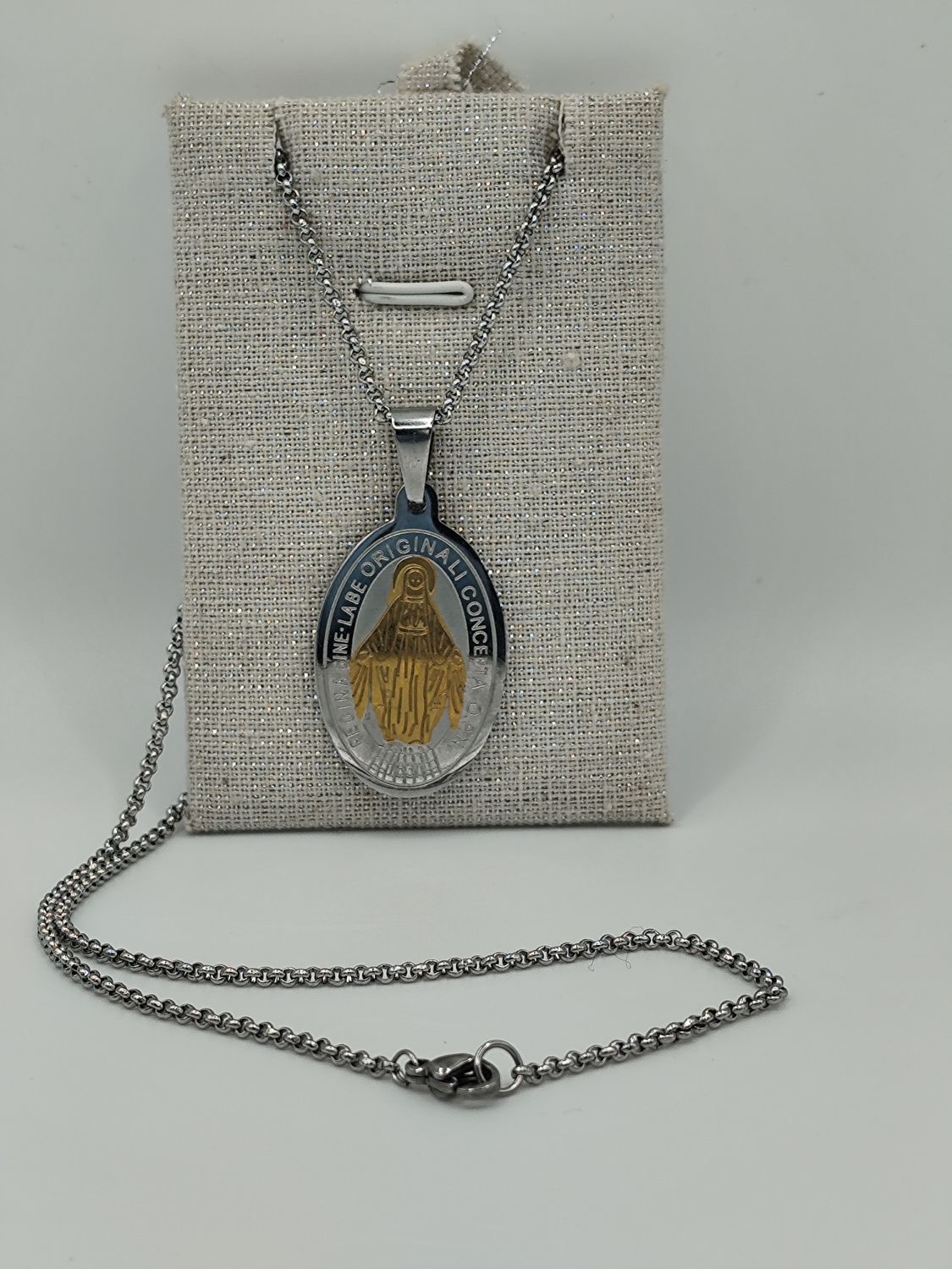 Madalla con cadena Virgen Milagrosa (acero inoxidable)