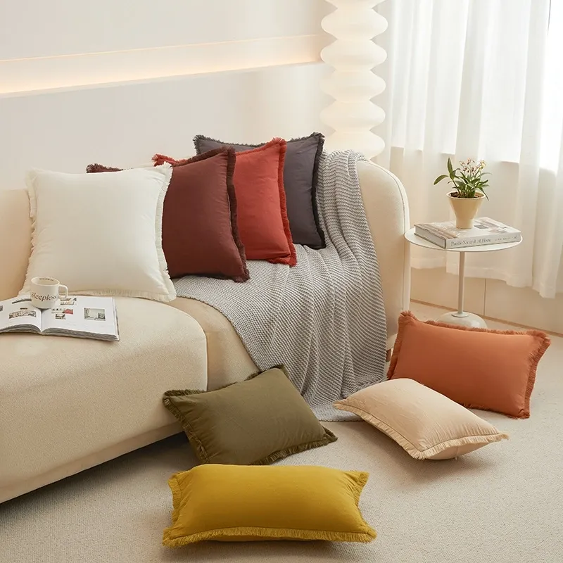 Solid Color Washed Cotton Living Room Office  Edge Pillow case