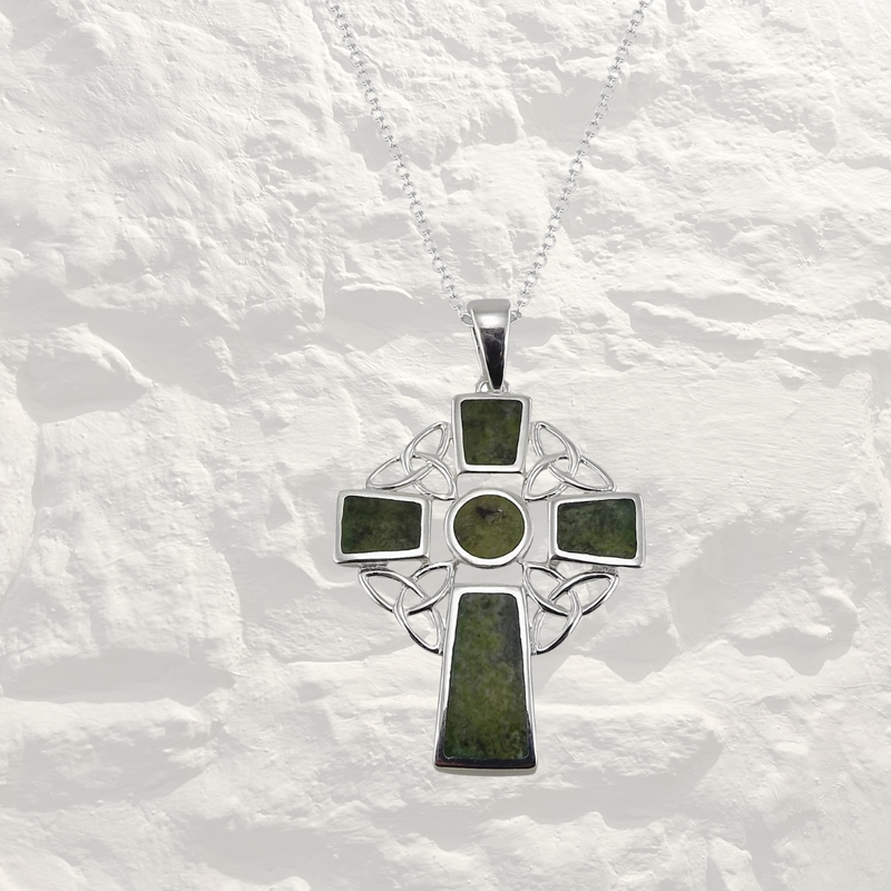 CONNEMARA MARBLE STERLING SILVER CELTIC CROSS PENDANT IN JEWELLERY BOX