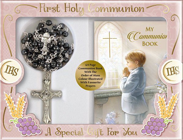 Communion Imit.Hematite Rosary/Boy Prayer Book
