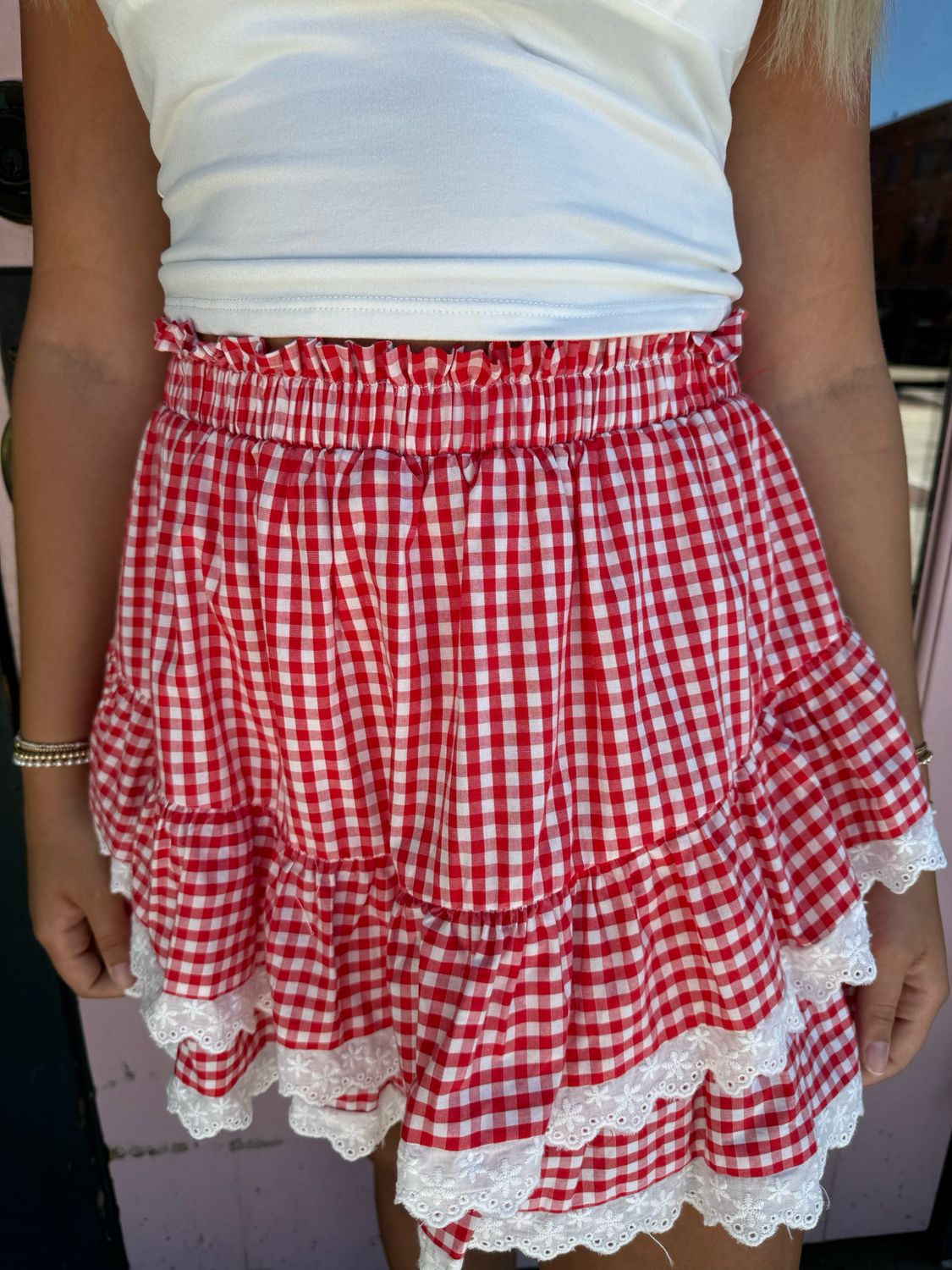 GINGHAM RUFFLE SKORT