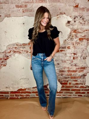 Blue denim flare jeans with stretch fit