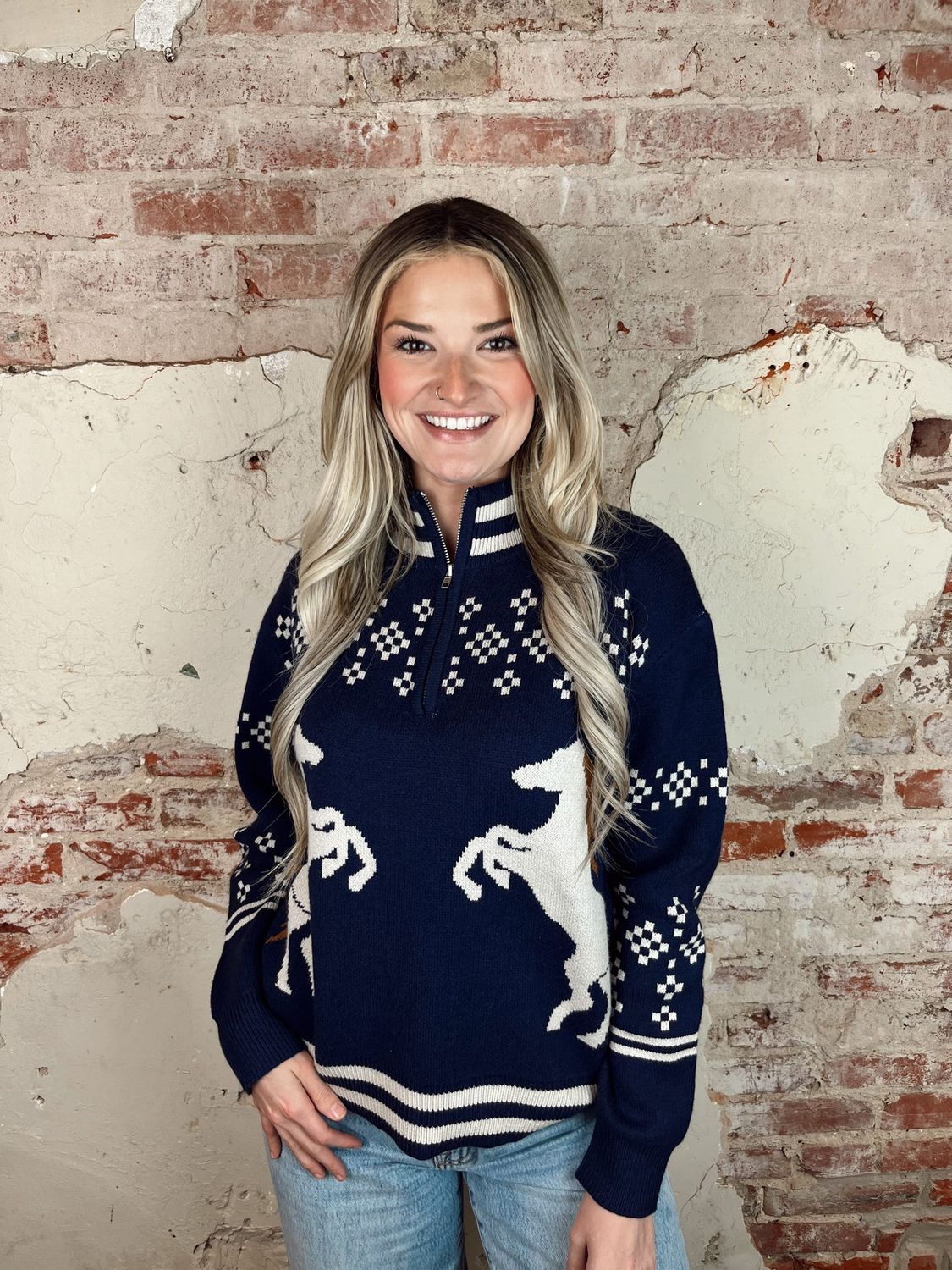 HORSE KNIT ZIPPER SWEATER