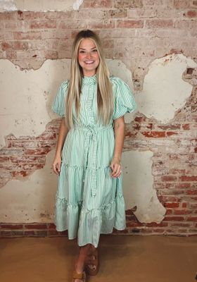 STRIPED RUFFLED MIDI DRESS