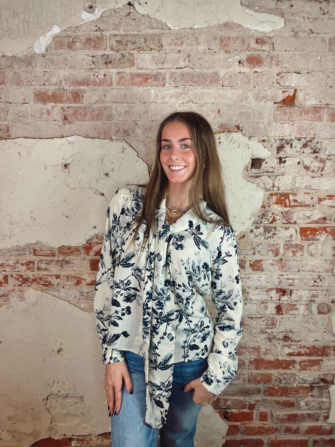 PRINTED TIE NECK BLOUSE