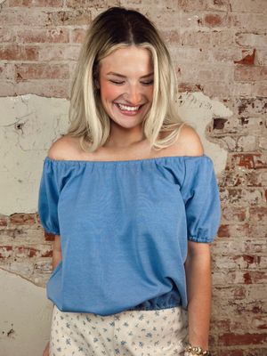 off shoulder blue knit top casual outfit
