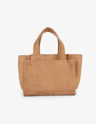 camel faux suede structured mini handbag