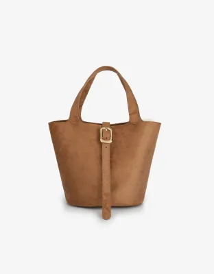 camel faux suede mini bucket handbag