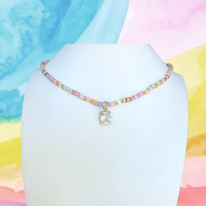 pastel beaded necklace with crystal pendant
