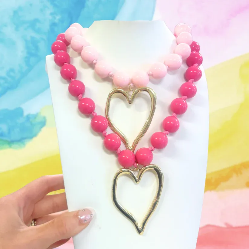 bold feminine statement necklace pink beads gold heart
