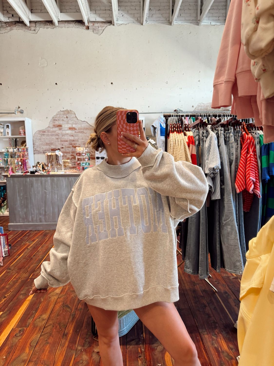 STRIPED "MOTHER" EMBROIDERED MOCK NECK