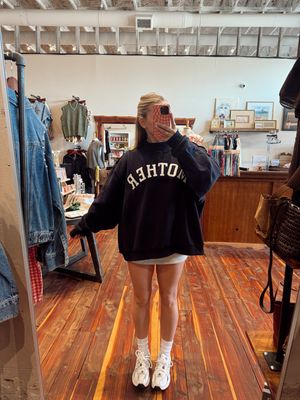 MOTHER EMBROIDERED NAVY MOCK NECK