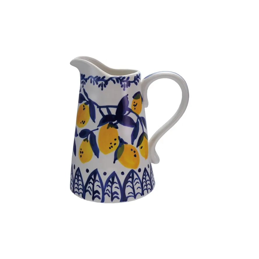 1-1/2 Qt Hand-Painted Stoneware Pitcher Blue Lemon