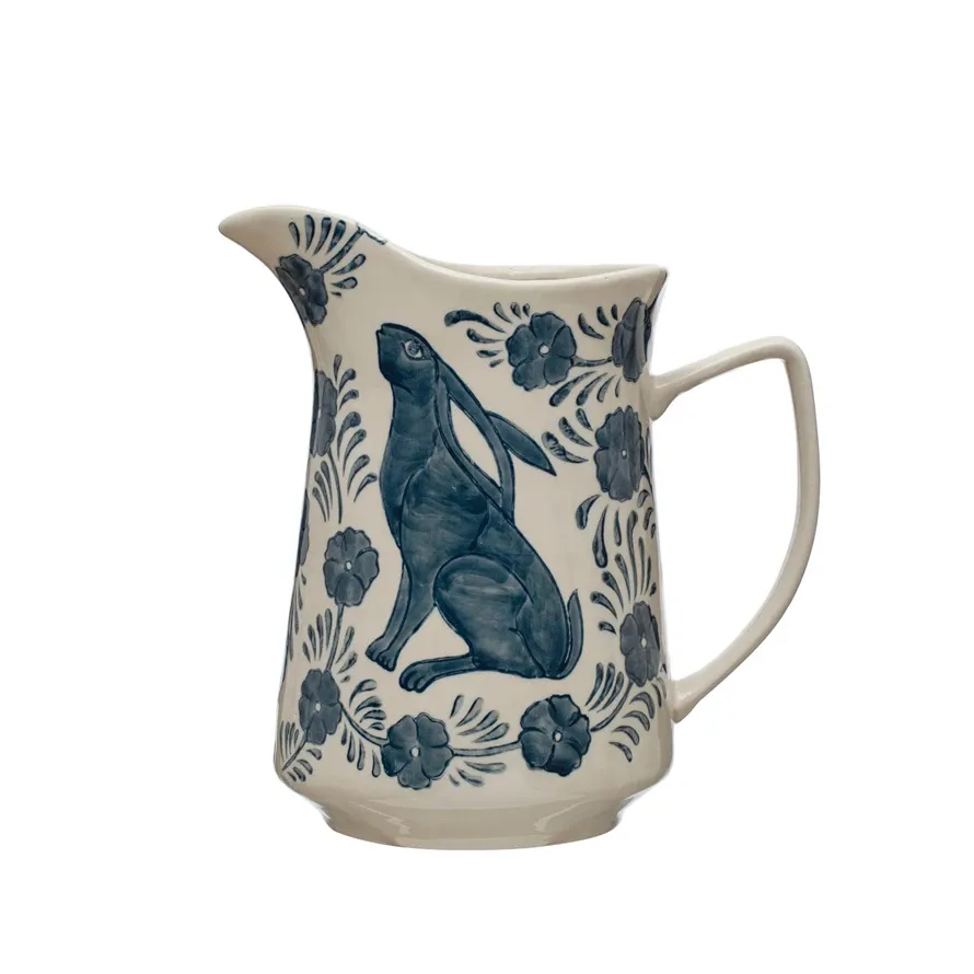 3 Qt Hand-Painted Stoneware Pitcher w/ Rabbit &amp; Flowers, Blue &amp; White