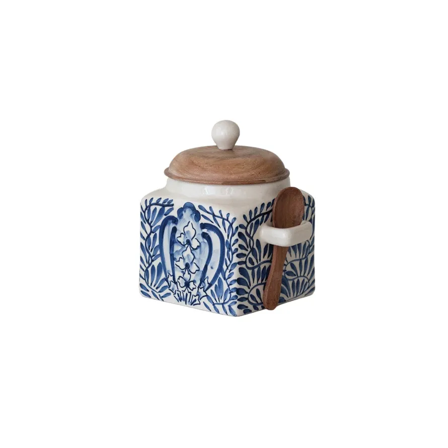 Blue Hand-Painted Stoneware Canister with Lid &amp; Spoon