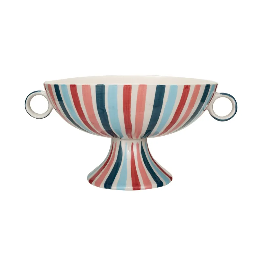Hand-Painted Stoneware Footed Bowl w/ Handles &amp; Stripes