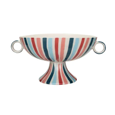 Hand-Painted Stoneware Footed Bowl w/ Handles &amp; Stripes