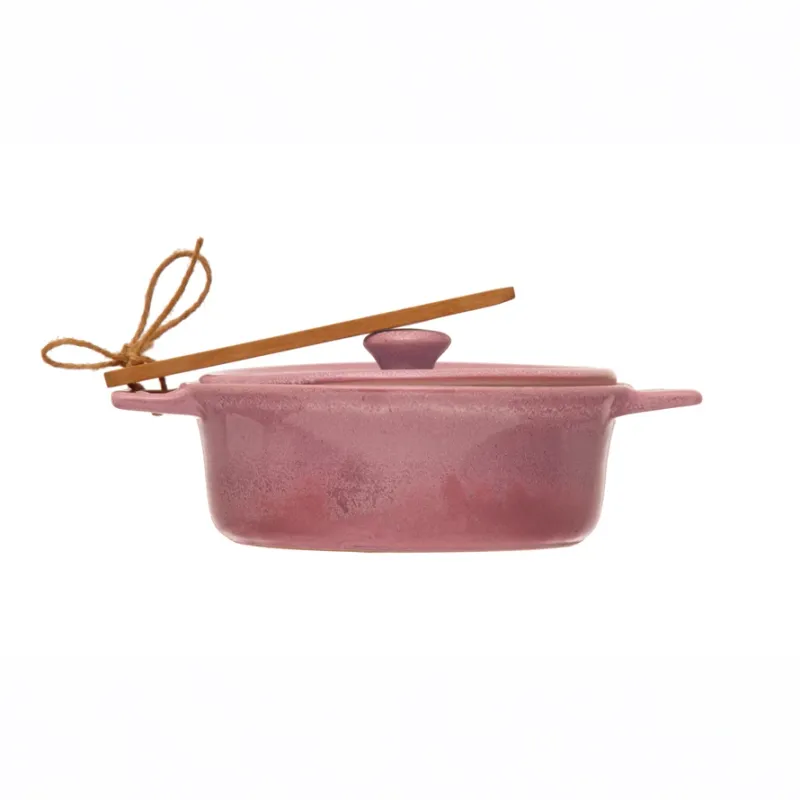PINK Stoneware Brie Baker with Bamboo Spreader
