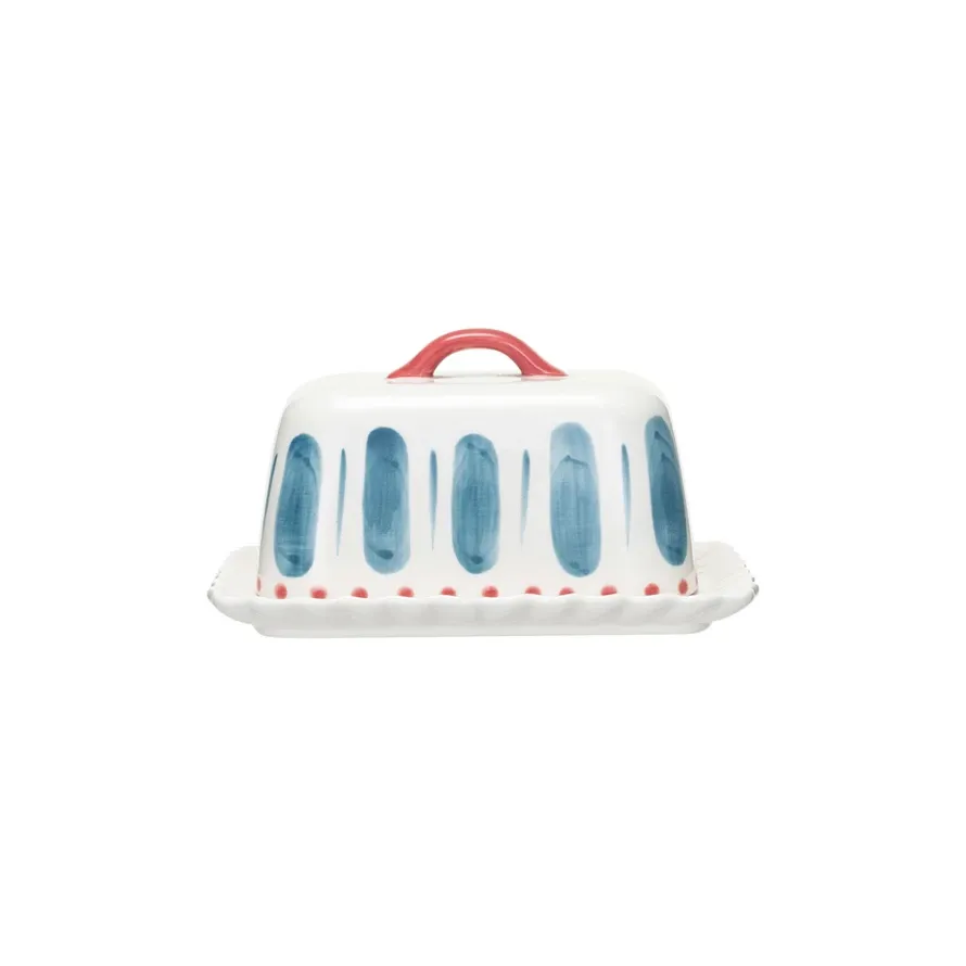 Painted Stoneware Butter Dish w/ Handle &amp; Scalloped Edge