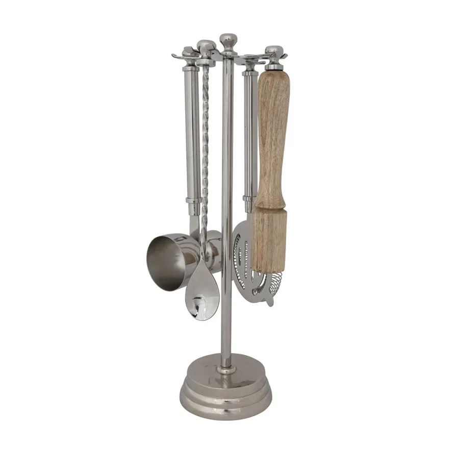 Stainless Steel &amp; Mango Wood Bar Tools with 13&quot;H Stand