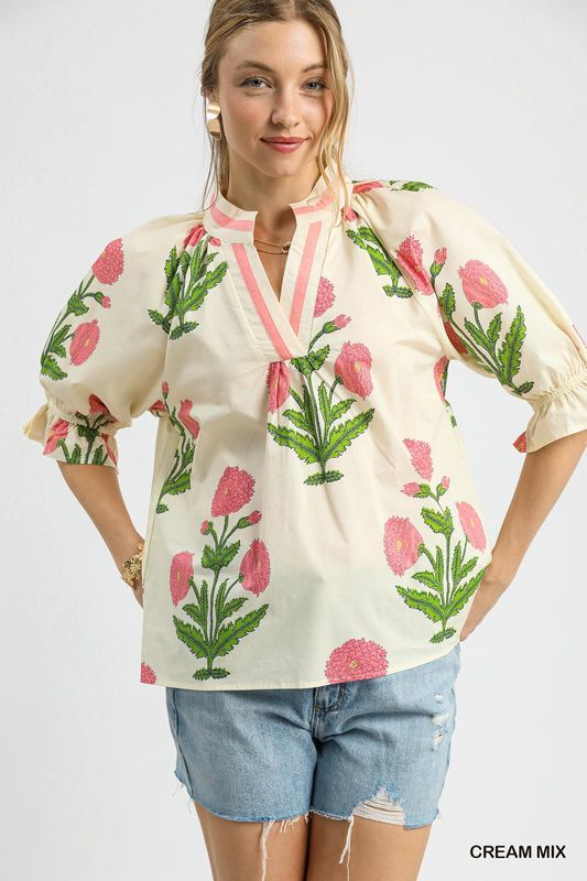 FLORA LS BLOUSE - CREME BLUE BOW HEARTS