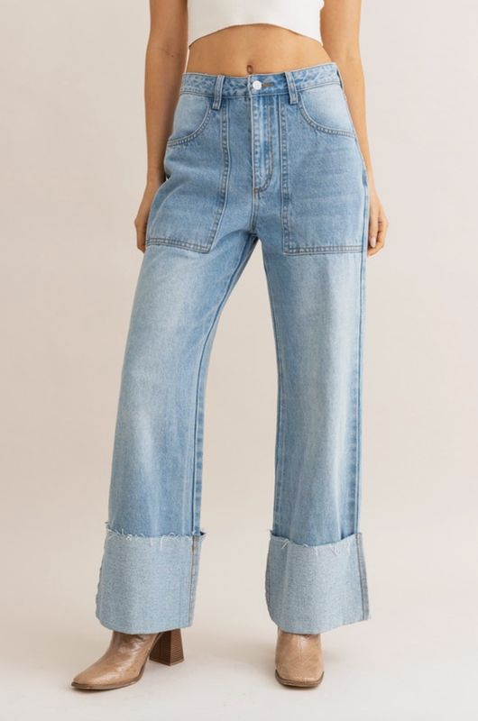 Wide Leg Cuffed Jeans