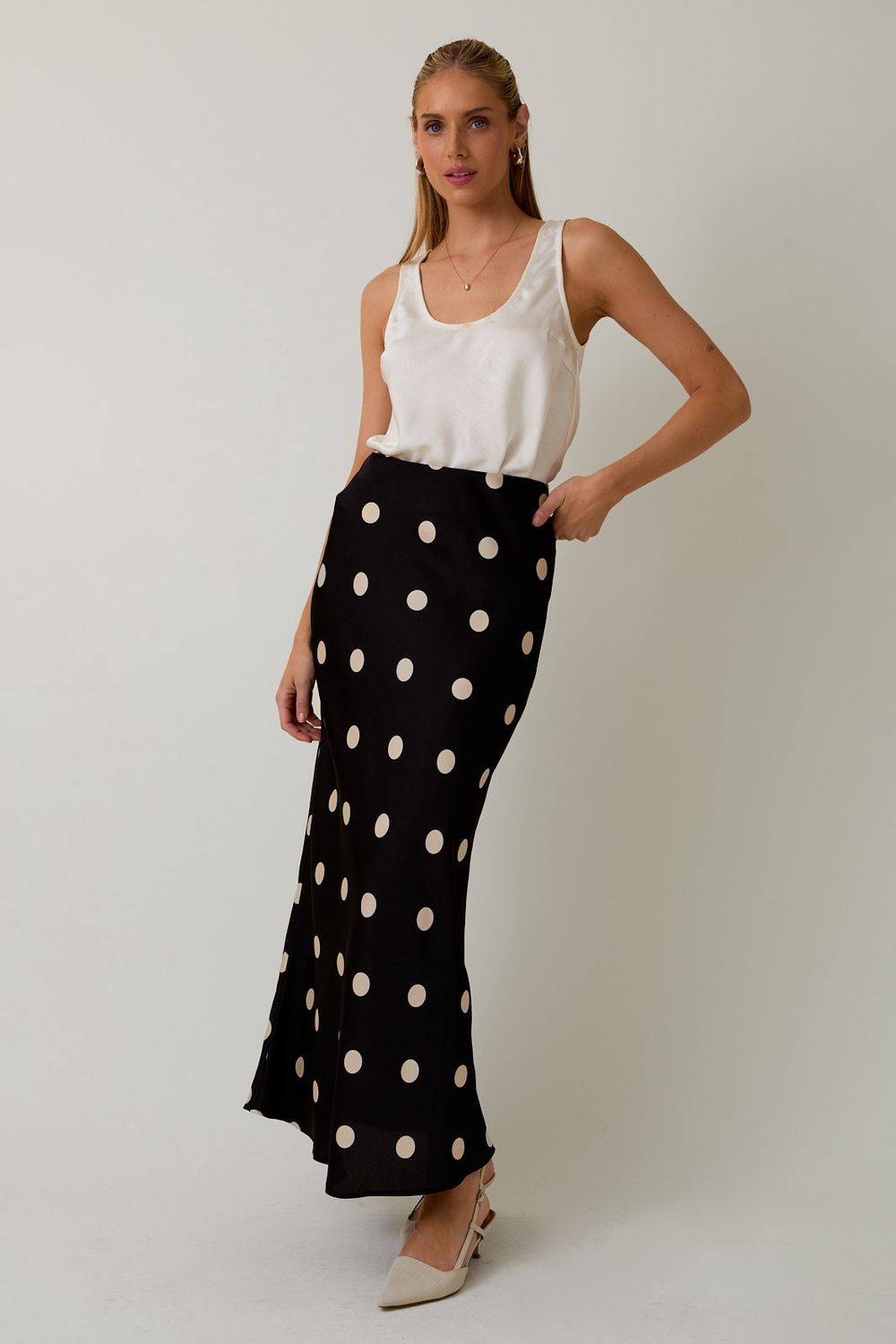 Satin Polka Dot Midi Skirt