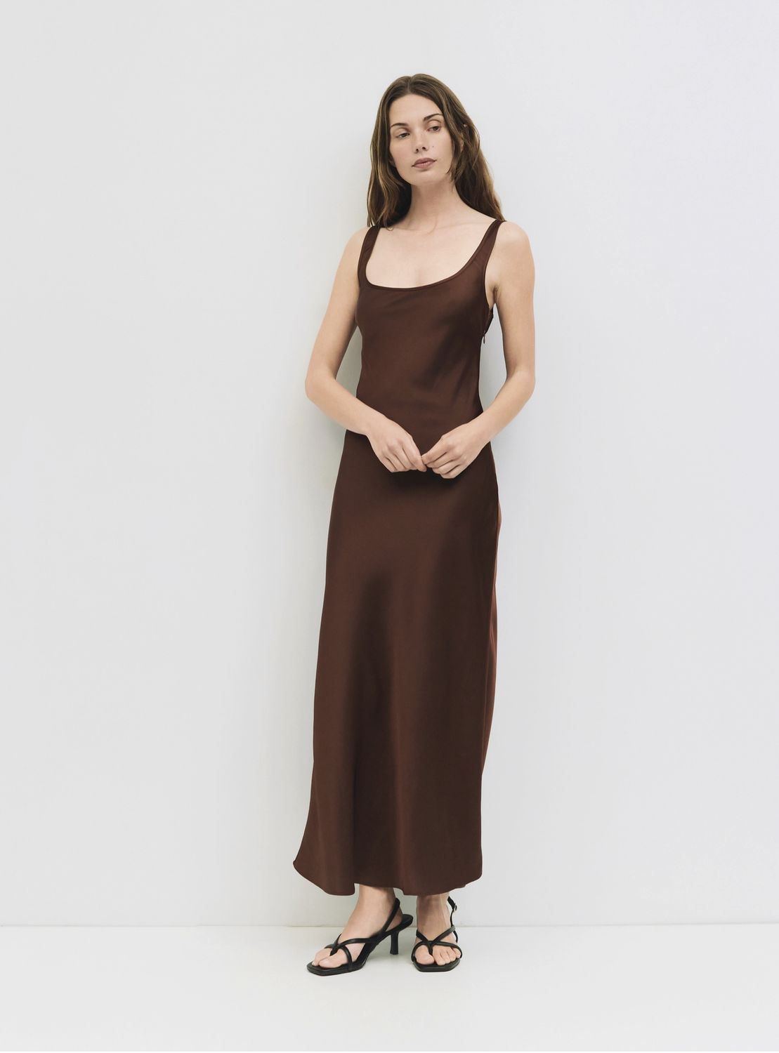 Satin Slip Dress, Colour: Brown, Size: Small