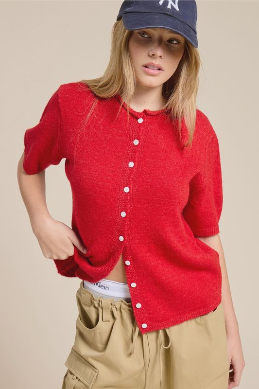 Red Short Sleeve Cardigan