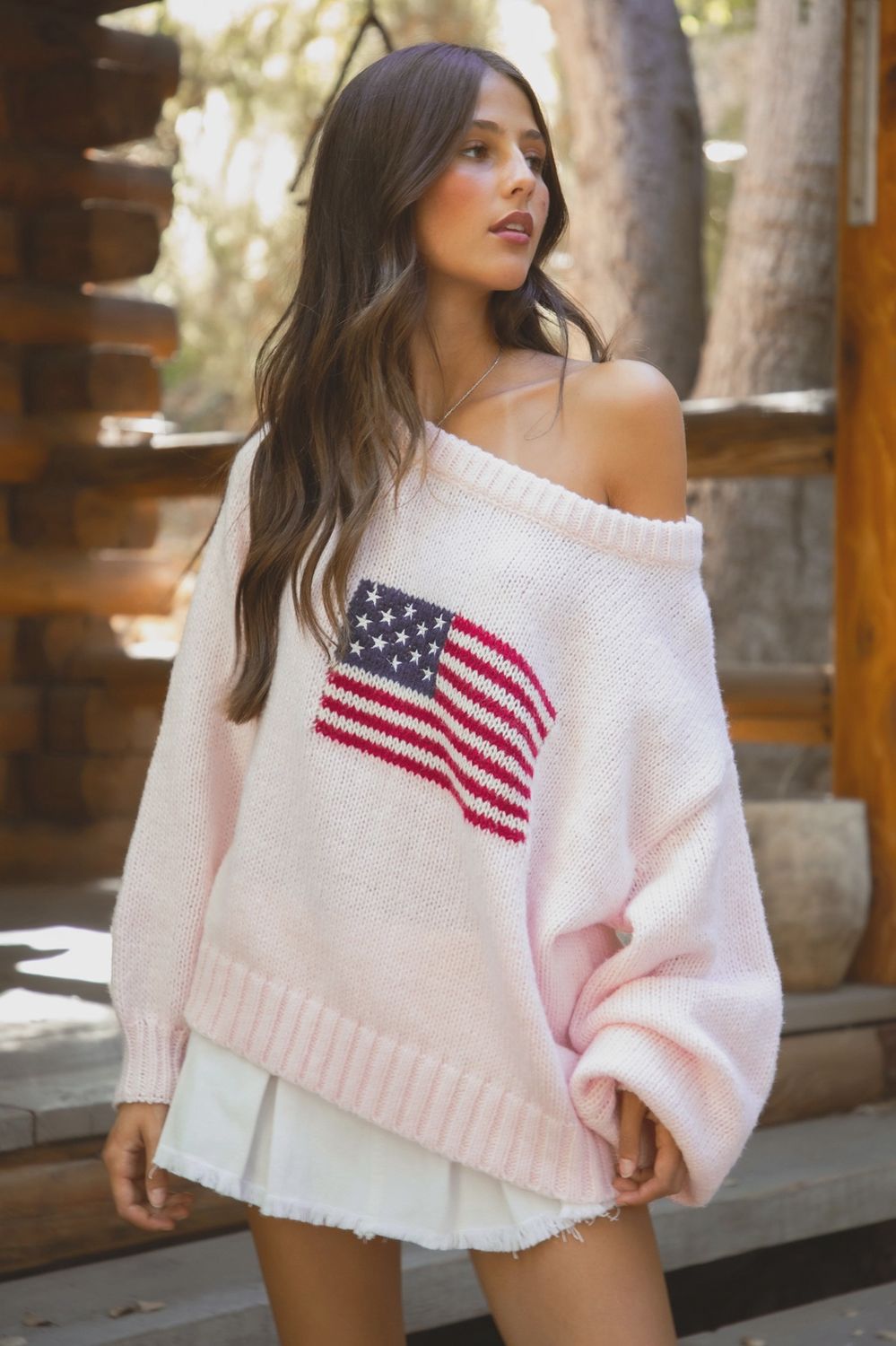 Flag Off the Shoulder Sweater, Colour: Pink, Size: Small