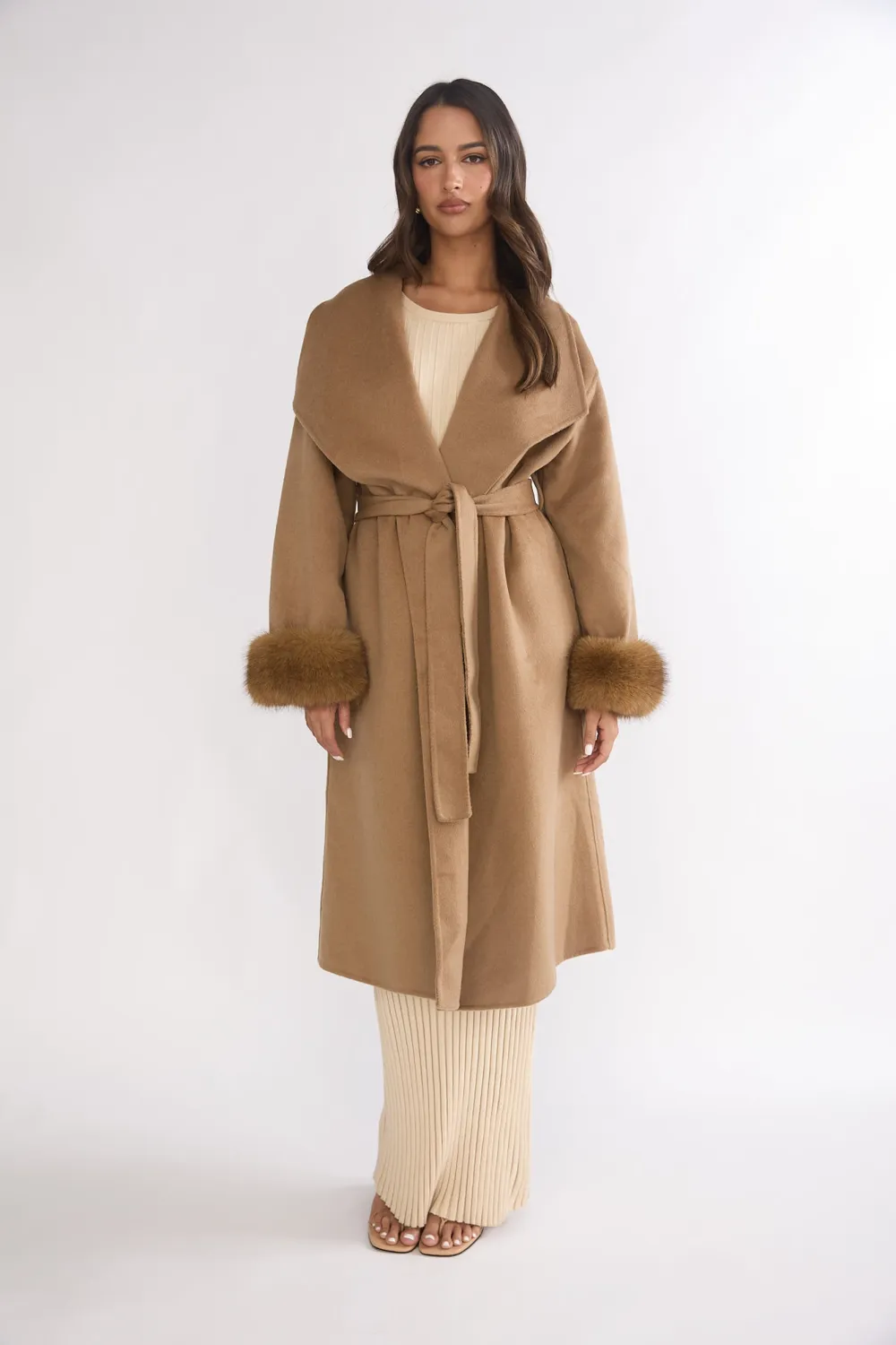 Fur Cuff Jacket, Colour: Camel, Size: Small