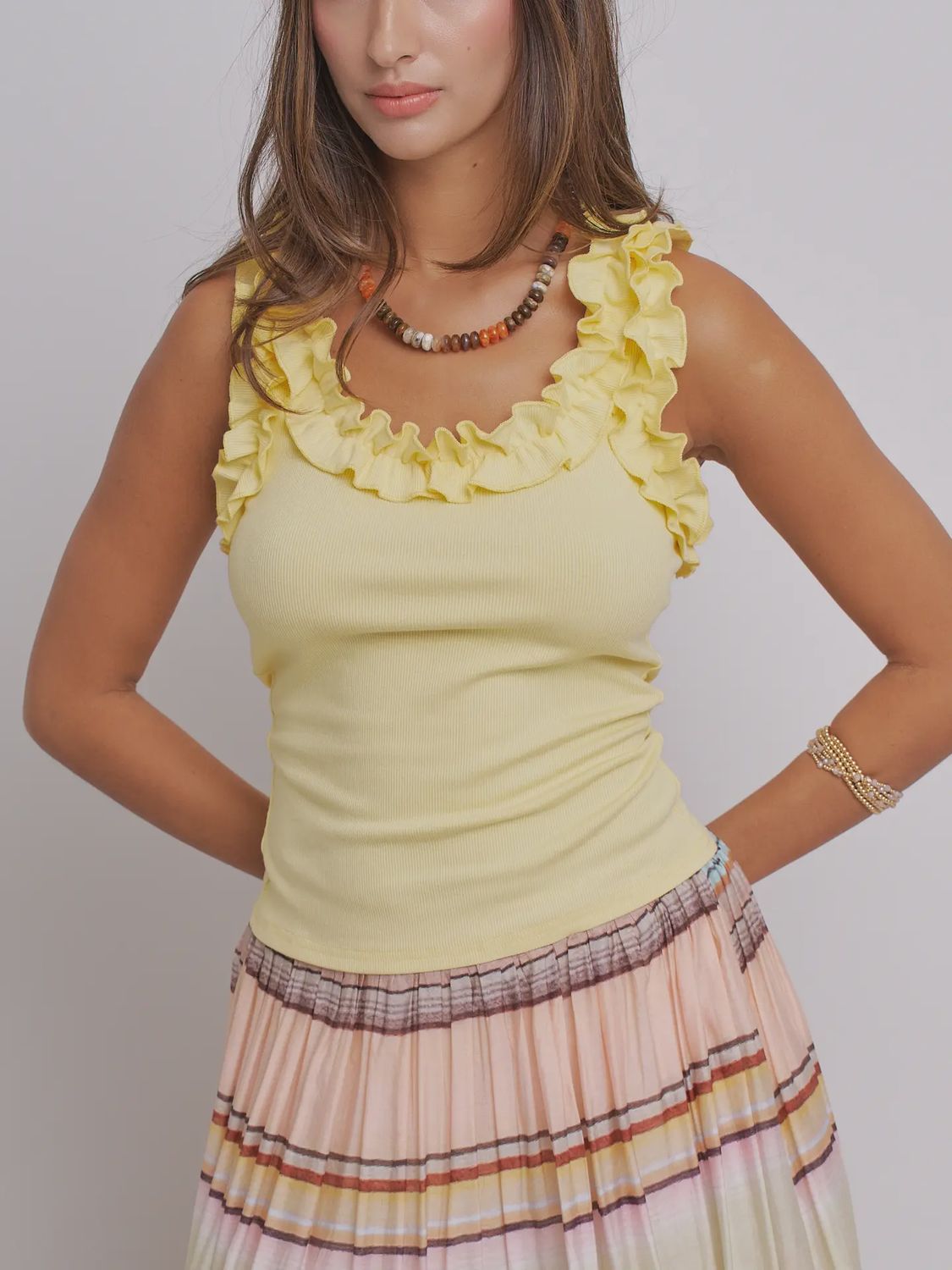 Ruffle Tank Top, Colour: Yellow, Size: Small