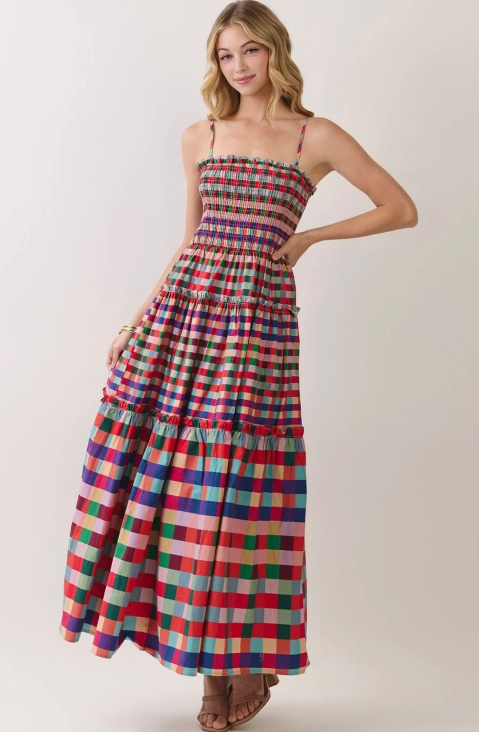Smocked Plaid Maxi