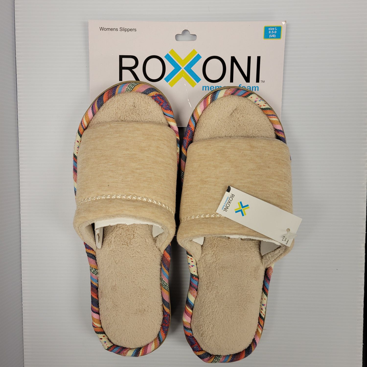 Open Toe Memory Foam Slippers Multi Border, Color: Beige, Size: (L)8.5-9
