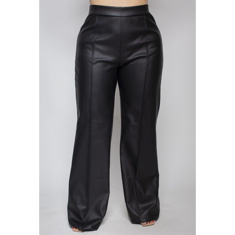 Plus Size Wide Leg PU Black Leather Pants, Size: XL