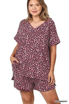 Cranberry Leopard Lounge Set Plus Size, Size: 1X