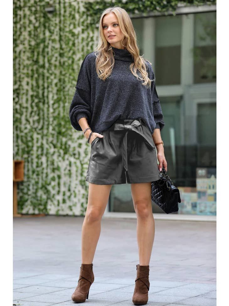  Vegan Leather Tie Waist Paperbag Shorts (Ash Grey), Size: S