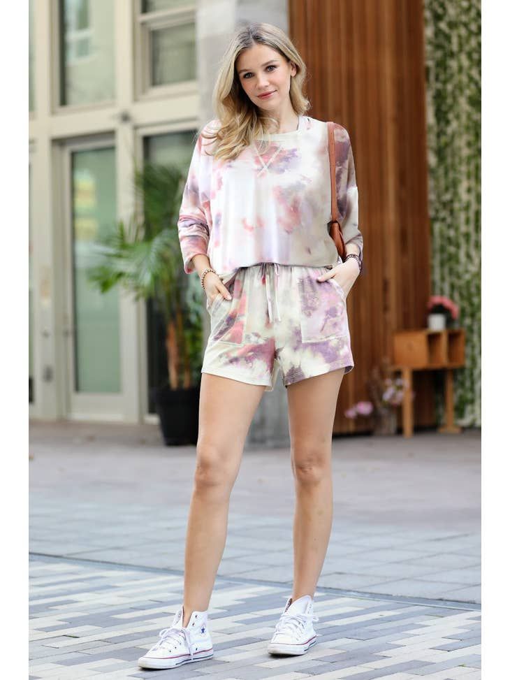 Tie Dye Pullover &amp; Drawstring Shorts Set, Size: S