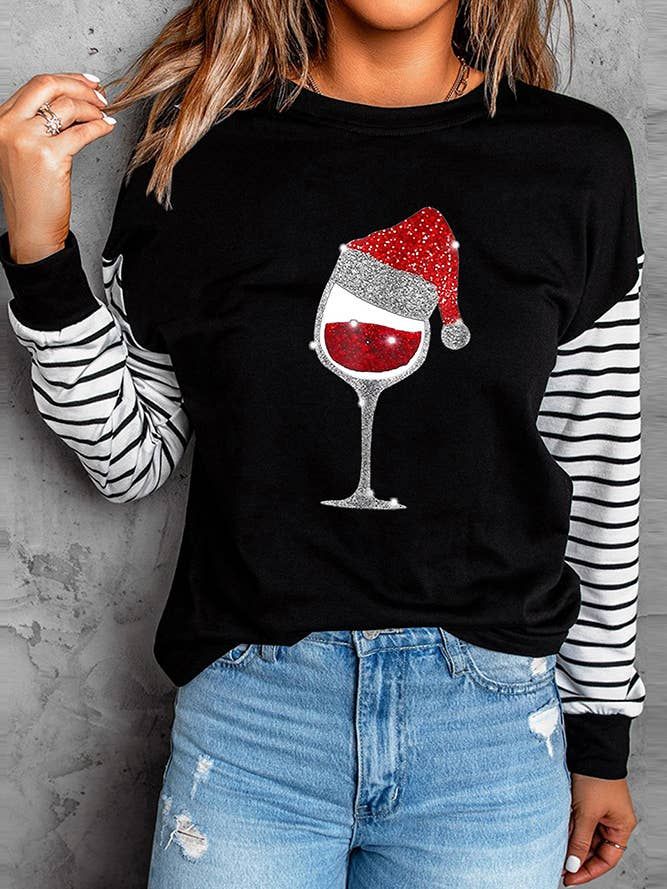 Xmas Wine Glass Striped Sleeve Top, Color: Black, Size: L