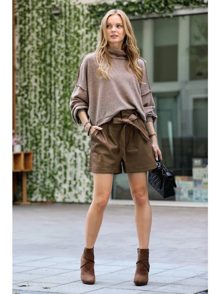 Vegan Leather Tie Waist Paperbag Shorts (Dk Camel), Size: S